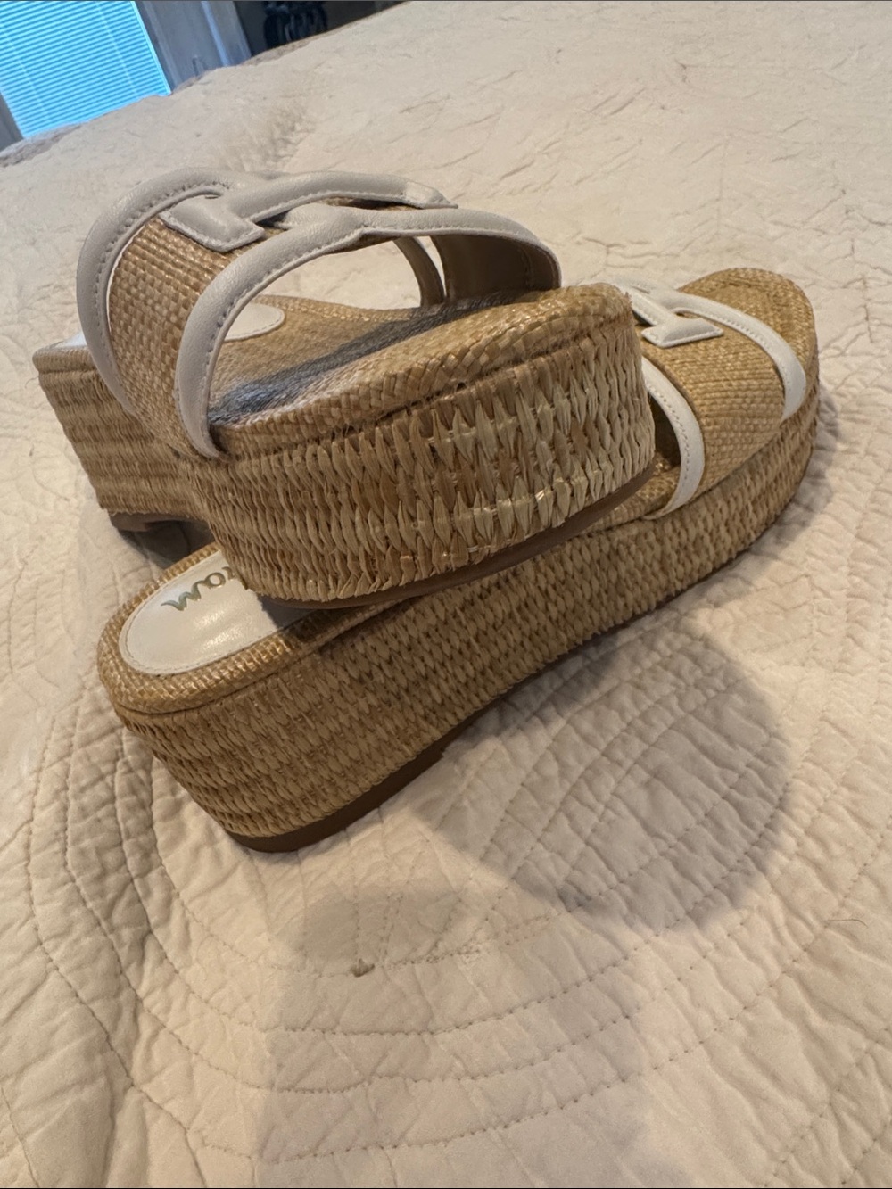 Sam Edelman Natural Raffia Slide Mules with White Trim - Picture 8 of 9